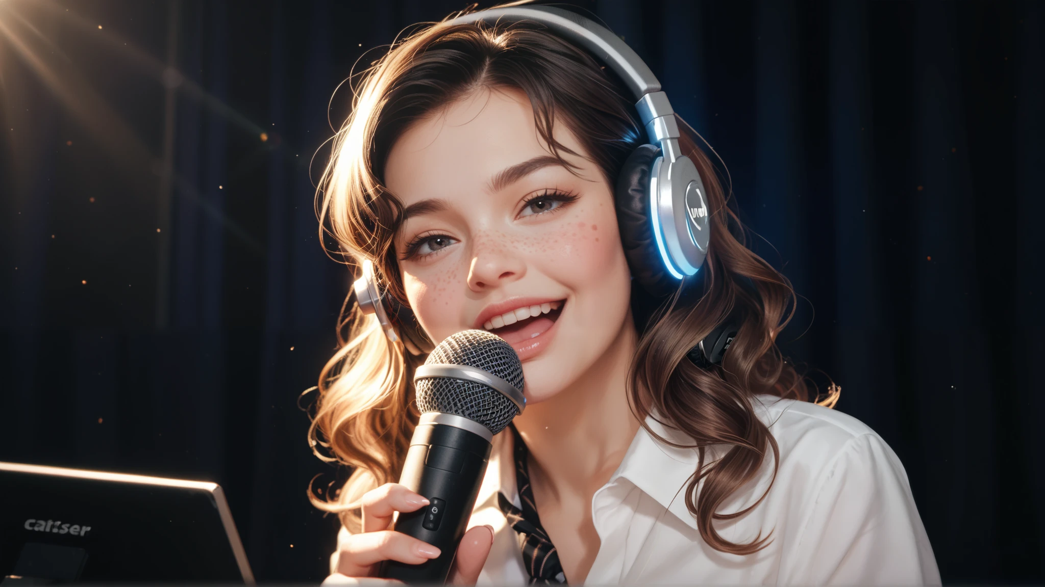 Black-and-white anime-style illustration of a young woman passionately singing in a professional recording studio, wearing large headphones, her hand gently holding one ear, detailed condenser microphone with a pop filter in the foreground, soft dramatic lighting highlighting her expressive face, loose wavy hair framing her features, subtle freckles, dynamic energy and emotion in her performance, a warm and artistic ambiance, cinematic composition with fine linework and smooth shading