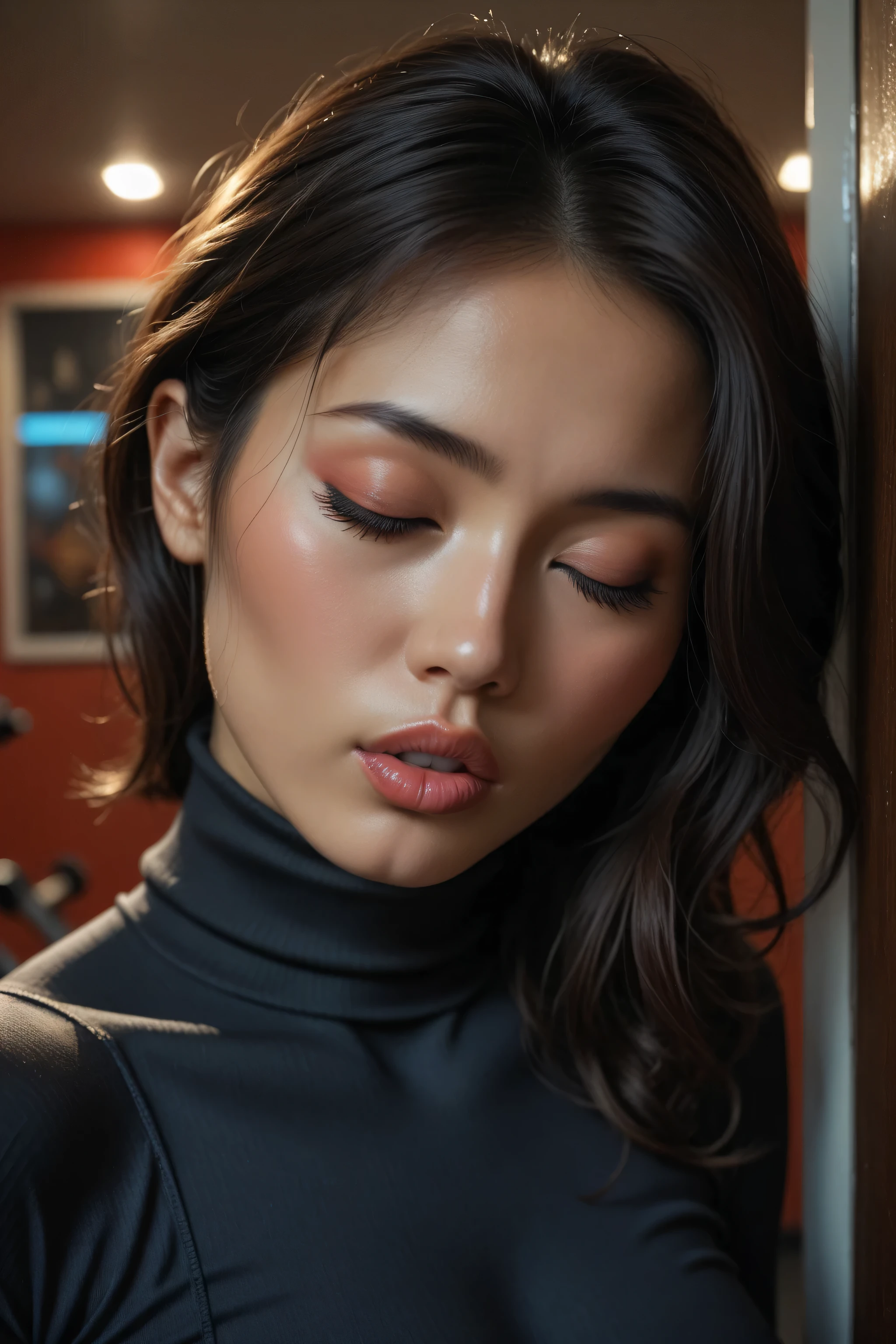 score_9, score_8_up, score_7_up, vibrant asian woman, leaning on wall, large breasts , past shoulder length wavy black length hair, fitness model, full lips,, puckered lips, eyes closed, going in for kiss ,tight turtleneck swater, erect nipples