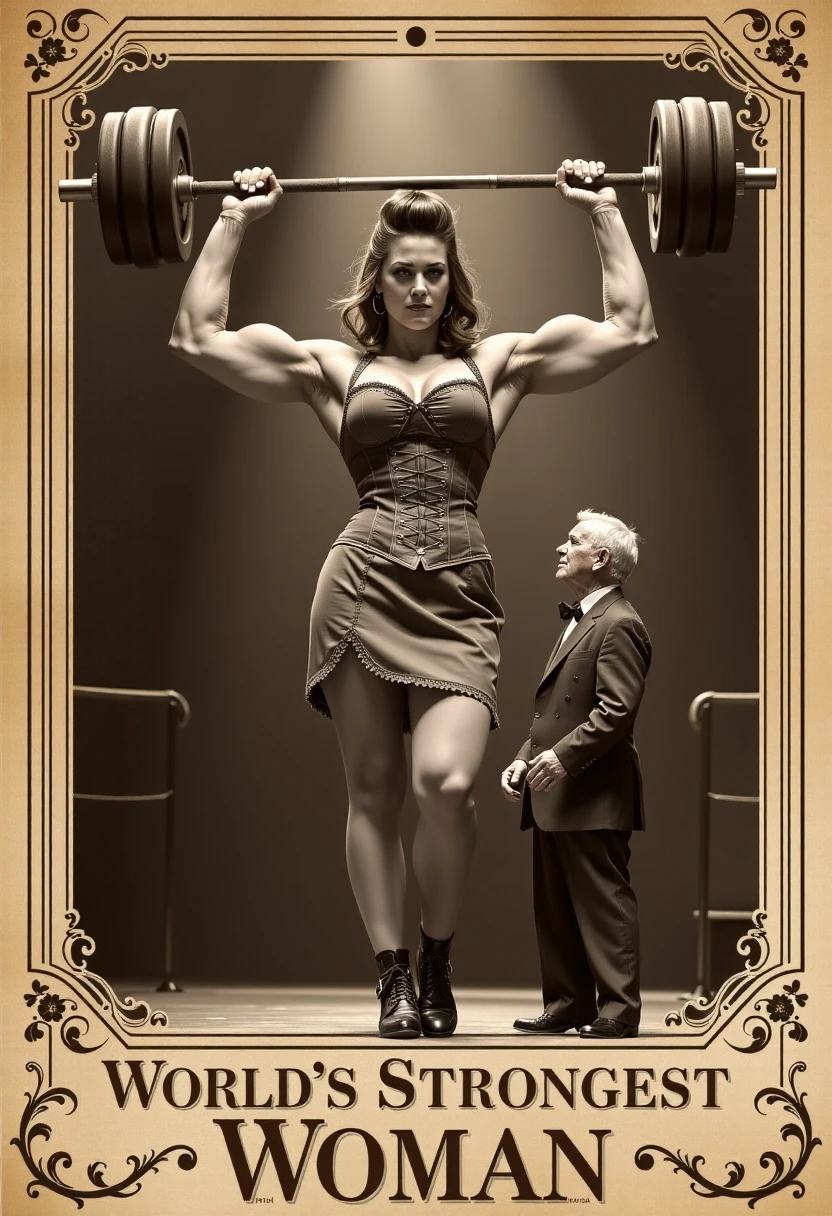 old picture, ornaments bordering, font "World Strongest Woman" at the bottom. film grain, vignetting. Poster of victorian circus, freak show, sepia. 1girl, beautiful, very muscular and tall woman looking down at a smaller 50 year old adult man. in the middle of the circus stage, She is lifting big heavy weights overhead, flexing (big biceps:1.1), broad shoulders. She is wearing classic burlesque clothes, a sleeveless victorian dress with corset pushing her sexy breast up. She is wearing leather ankle boots, (vintage stockings:1.3), her pose displays her power 