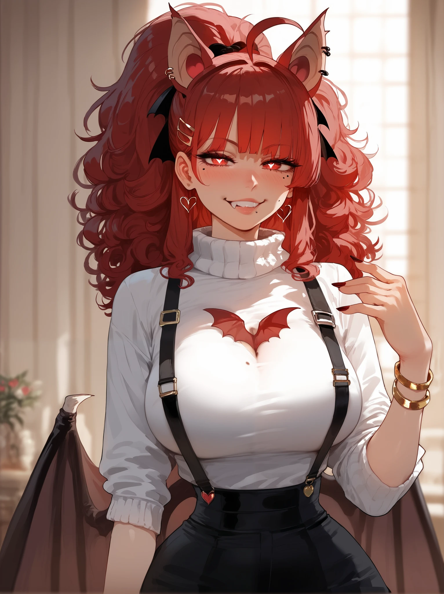 Masterpiece, best quality, upscaled, HD detail, detailed, good quality, score_9, score_8_up, score_7_up, detailed eyes, ((red hair)), mole on face, mole on breasts, lips, ((large breasts)), heart earrings ,   ,red eyes, High ponytail, long side hairs, eyes through bangs, hair clips, detailed eyes, hair ribbons, jewelry, heart-shaped pupils, eyeliner, dolly eyelashes, ,  ahoge, curly hair, blush, bracelets , skinny waist, bracelets, nails, bat ears, bat wings, suspenders, short skirt, sweater top, looking at viewer , ((bat ears attached to head)), miniscule black hair streaks, fangs, showing teeth, smirk