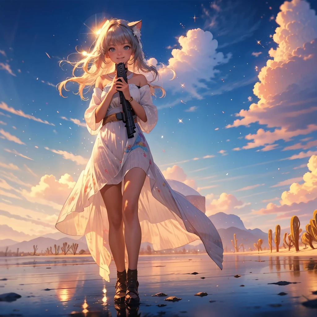 ((masterpiece:1.2)), (( top quality :1.2)), one girl ((Cat ears, Gun Girl , ( blue eyes, smiling with eyes half closed ), (gunをこちらに向けている:1.5), Gunfighter , fluttering coat, full body :1.3, long silvery hair fluttering in the wind, white skin)), (gun:1.5), western drama, desert, (Watercolor), (Soft layer, Wide range of colors), (deep, gentle color), Her reflection blends into the nature around her, ( natural light:1.3), sparkling glitter , Multiple Exposure, emitting rainbow-colored light