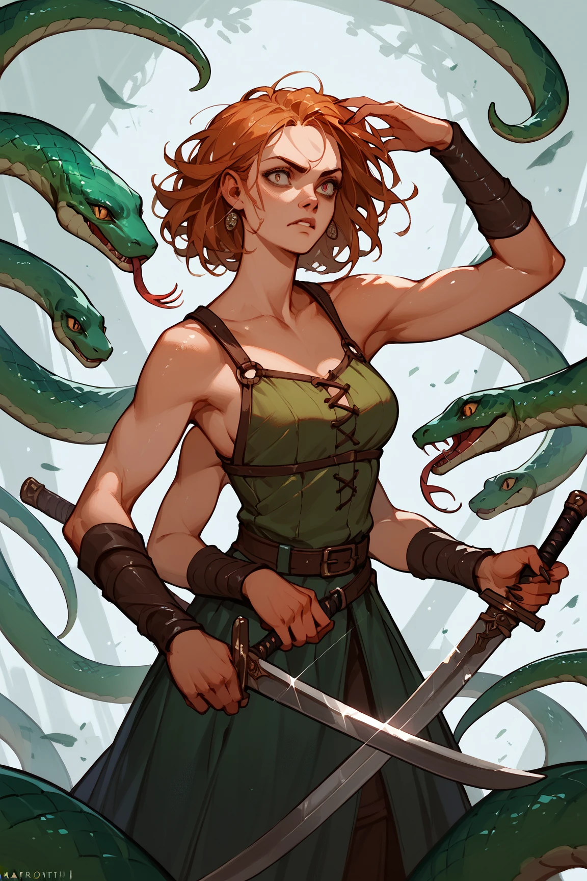 Character portrait of a Marilith from Dungeons and Dragons. She has the upper body of a human woman and the lower body of a snake. She has six arms, all wielding swords. (Score_100_up) Artstation.