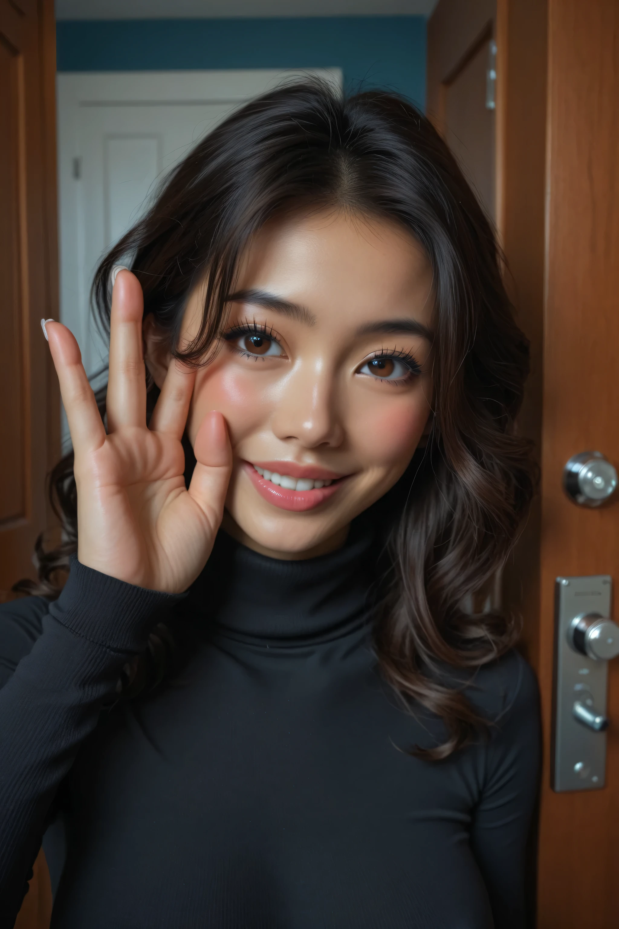score_9, score_8_up, score_7_up, vibrant asian woman, leaning on wall, large breasts , past shoulder length wavy black length hair, fitness model, full lips,,waving goodbye blushing smile, apartment door ,tight turtleneck swater, erect nipples