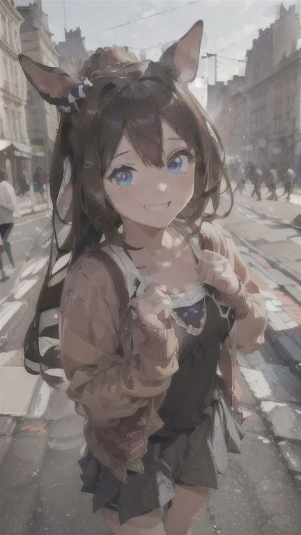 (8k、 top quality 、​masterpiece:1.2)、 ( realistic 、 photorealistic:1.37)、  1 girl、El Condor Pasa（ Uma Musume）、Standing on a Parisian street with the Arc de Triomphe in the background 、  cute little 、solo、   beautiful detailed sky  、 (smile:1.15)、(Shut up)、 chest、  beautiful detailed eyes 、