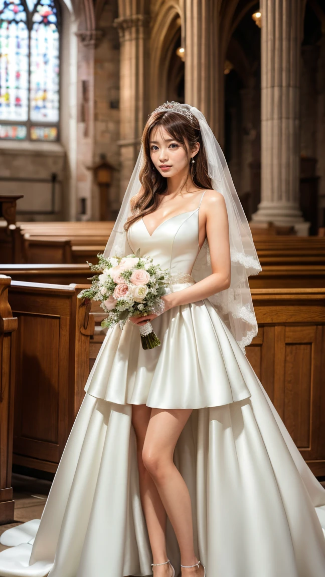 A beautiful young Japanese woman, 26 years old, with healthy thighs, beautiful legs, flawless skin, random hair color and style, large breasts, wearing a (wedding dress:1.3), (she is standing:1.2), full body shot, high heels, holding a bouquet in her hands, in a church setting, (best quality,8k, masterpiece:1.3), (extremely detailed:1.2), perfect anatomy, Sae Okazaki