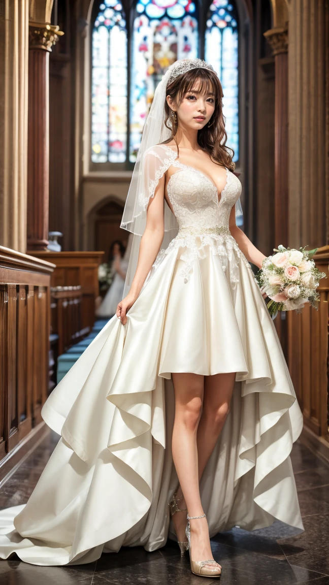 A beautiful young Japanese woman, 26 years old, with healthy thighs, beautiful legs, flawless skin, random hair color and style, large breasts, wearing a (wedding dress:1.3), (she is standing:1.2), full body shot, high heels, holding a bouquet in her hands, in a church setting, (best quality,8k, masterpiece:1.3), (extremely detailed:1.2), perfect anatomy, Sae Okazaki