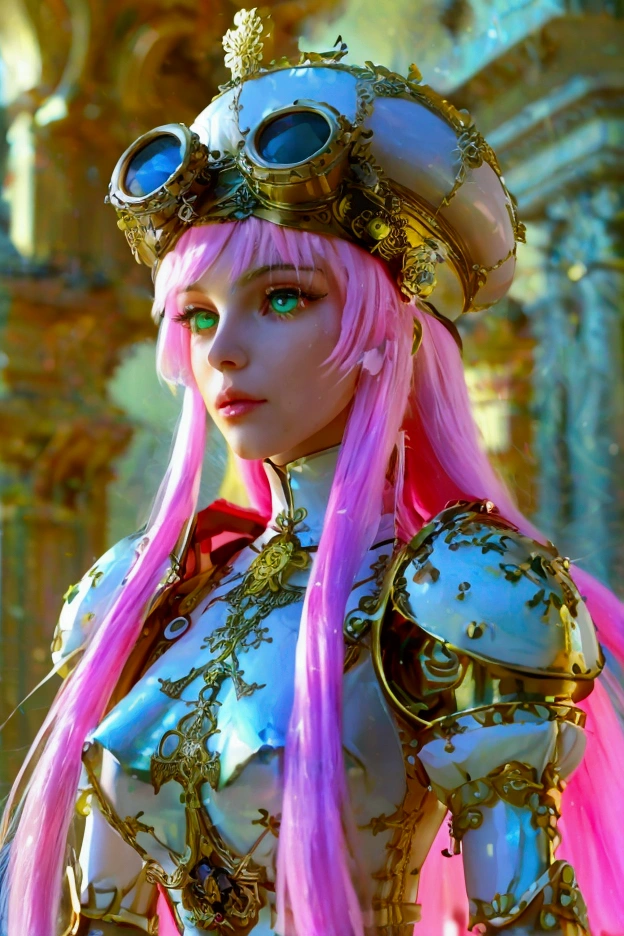 Imagine a beautiful woman with long straight neon pink hair with white skin with neon green eyes with a sculptural body wearing light red and white steampunk armor with ornaments wearing a Victorian top hat with brass bronze glasses on her head energizing blue sparks in her hands in an arcane temple.