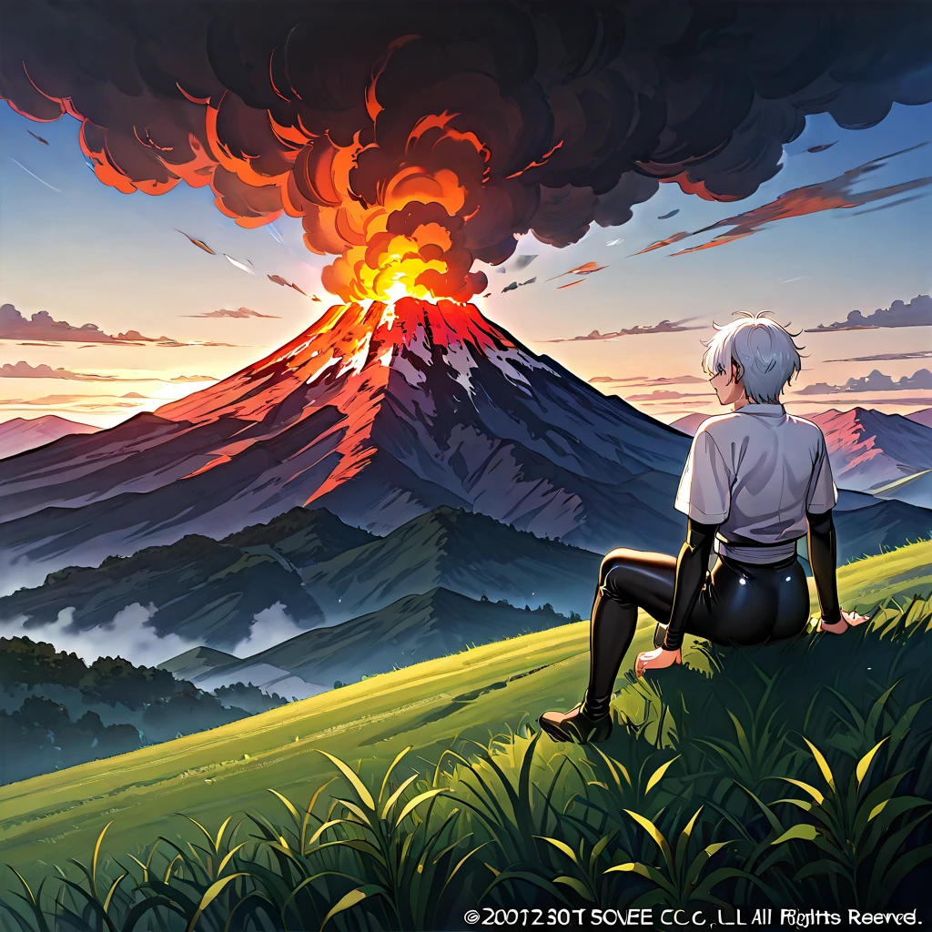 score_9, score_8_acima, score_7_acima, ( Volcano Mountain Setting ), an boy with thicc thighs,white hair, tight black clothes