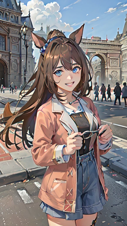 (8k、 top quality 、​masterpiece:1.2)、 ( realistic 、 photorealistic:1.37)、  1 girl、El Condor Pasa（ Uma Musume）、Standing on a Parisian street with the Arc de Triomphe in the background 、  cute little 、solo、   beautiful detailed sky  、 (smile:1.15)、(Shut up)、 chest、  beautiful detailed eyes 、