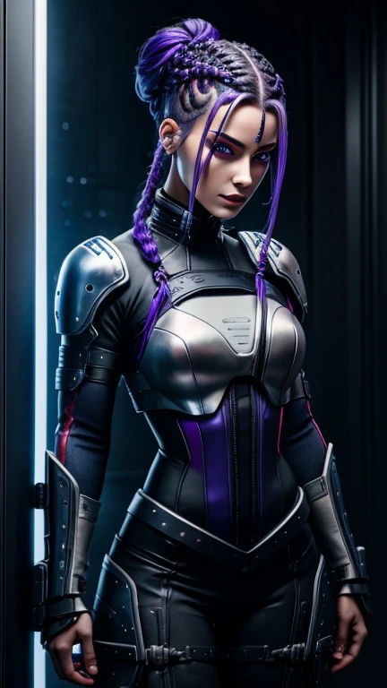  cyberpunk,red and blue braids , black chignon hair ,  long eyeliner , slit eyes ,  purple eyes, silver powered suit, blue lines ,Hand guard,round shoulder pads , Jetpacks 