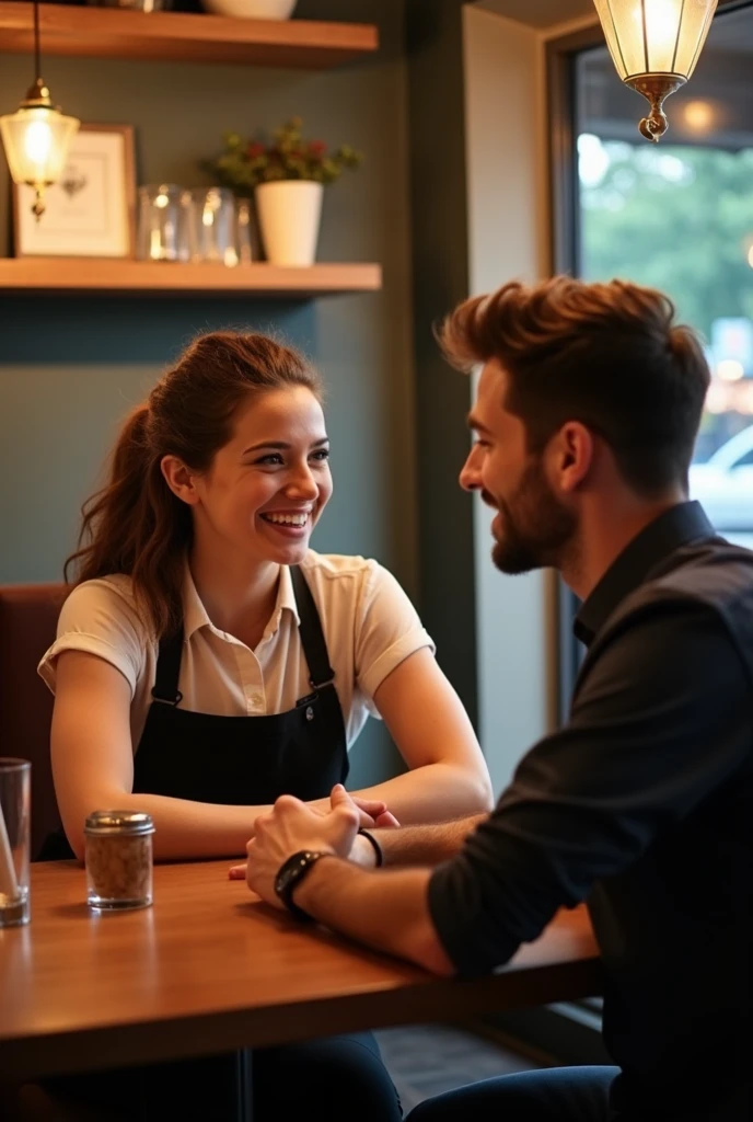 Create an illustration of a customer enjoying a meal and a standing waiter having a conversation at a table in a Spanish bar setting. They should look happy and engaged in their conversation. Include a table, but no background is necessary."