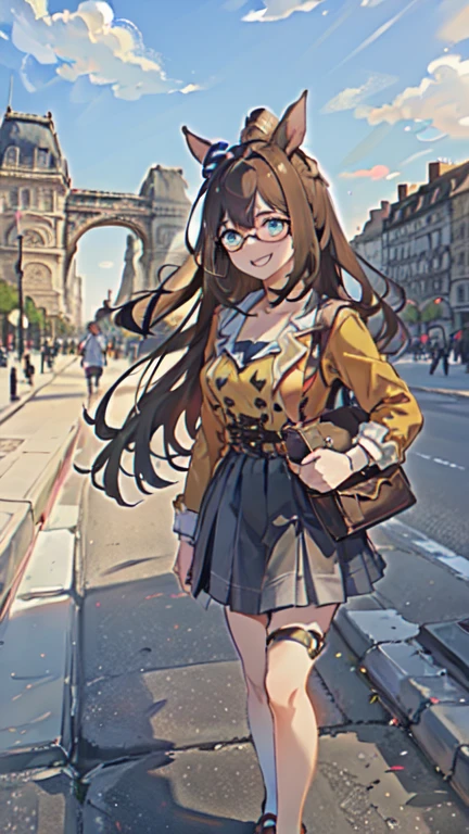 (8k、 top quality 、​masterpiece:1.2)、  1 girl、El Condor Pasa（ Uma Musume）、Standing on a Parisian street with the Arc de Triomphe in the background 、  cute little 、solo、   beautiful detailed sky  、 (smile:1.15)、(Shut up)、 chest、  beautiful detailed eyes 、