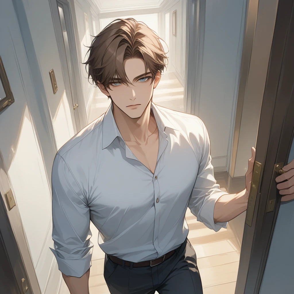 (score_9, score_8_up), masterpiece, best quality, adult male , upper body , delicate line drawing, impasto, masterpiece, high resolution, Top quality, unique , 1 man, 40 years old, brown hair, blue-gray eyes, standing in the hallway, hand on the doorknob