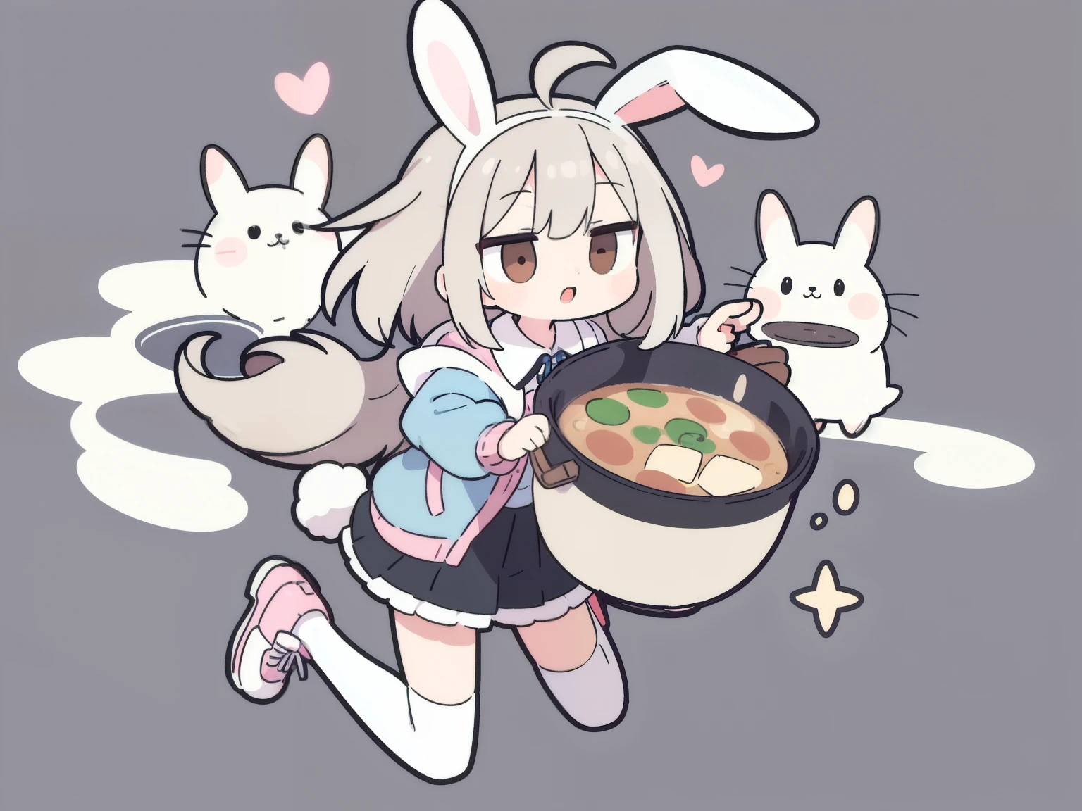 High resolution, one girl, stray hair, hairpin, ribbon, brown eyes, collared shirt, pose, frilly shirt, frilly shirt collar, frilly skirt, frills, ribbon, hair accessory, hairpin, putting hands on head, heart, rabbit hair accessory, hood, hooded jacket, jacket, long hair, short hair, silver hair, checkered pattern, checkered ribbon, checkered skirt, pleated skirt, shirt, simple background, sneakers, skirt, knee socks, full body,
rabbit motif, fluffy, rabbits circling around head,
((pot of soup, stew))