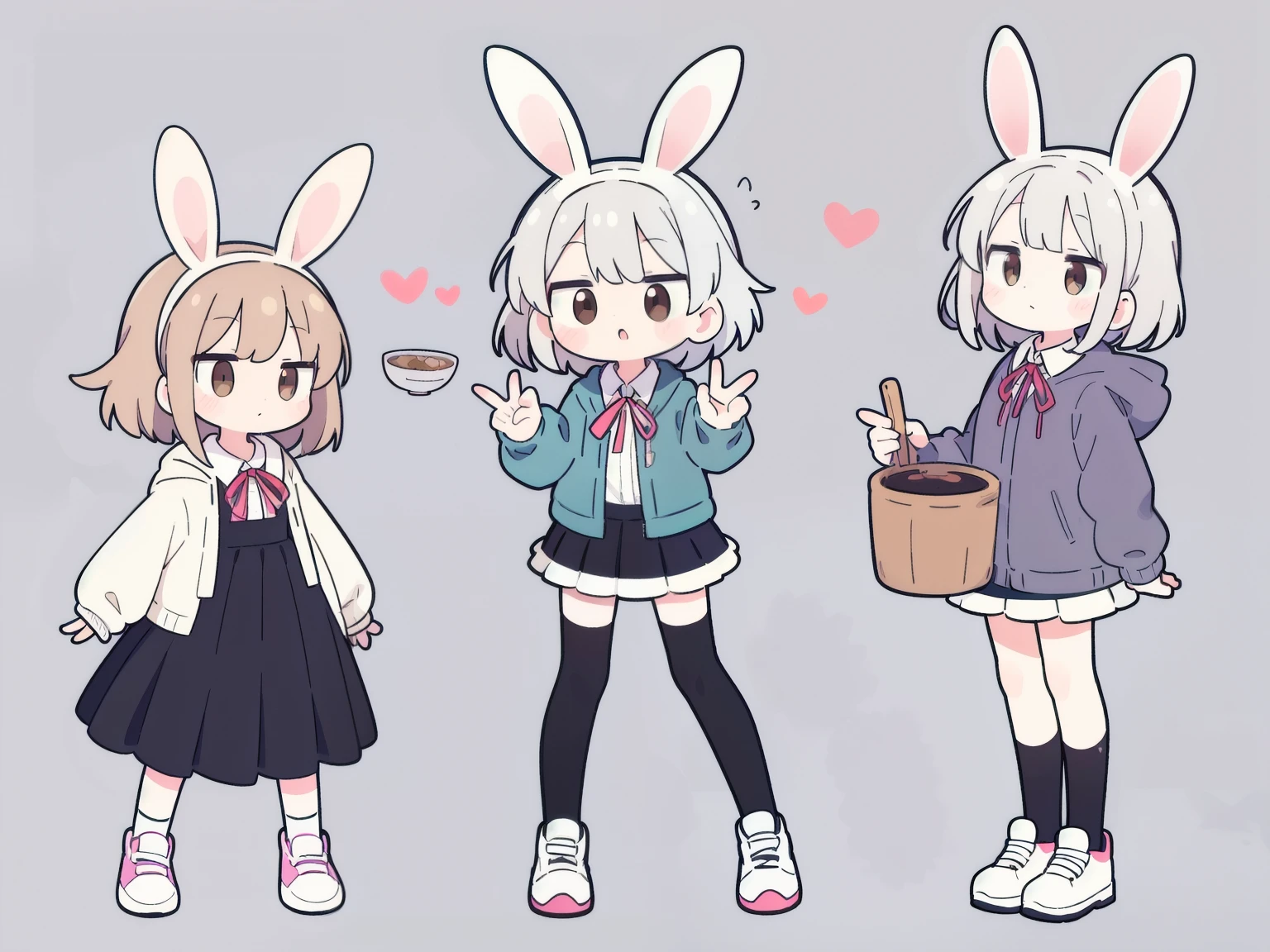 High resolution, one girl, stray hair, hairpin, ribbon, brown eyes, collared shirt, baby face pose, frilly shirt, frilly shirt collar, frilly skirt, frills, ribbon, hair accessory, hairpin, putting hands on head, heart, rabbit hair accessory, hood, hooded jacket, jacket, long hair, short hair, silver hair, checkered pattern, checkered ribbon, checkered skirt, pleated skirt, shirt, simple background, sneakers, skirt, knee socks, full body,
rabbit motif, fluffy, rabbits circling around head,
((pot of soup, stew))