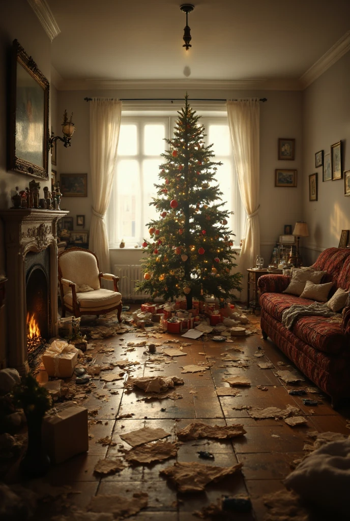 "A living room after Christmas, with a melancholic and nostalgic atmosphere. A decorated but unlit Christmas tree sits in the center, slightly faded. A fireplace with cold ashes, evidence of an extinguished fire, is visible on the side. The floor is strewn with torn wrapping paper and a few opened packages. A soft, subdued light, filtering through curtains, gently illuminates the room. The furniture is warm but disordered, reinforcing the post-holiday feeling."