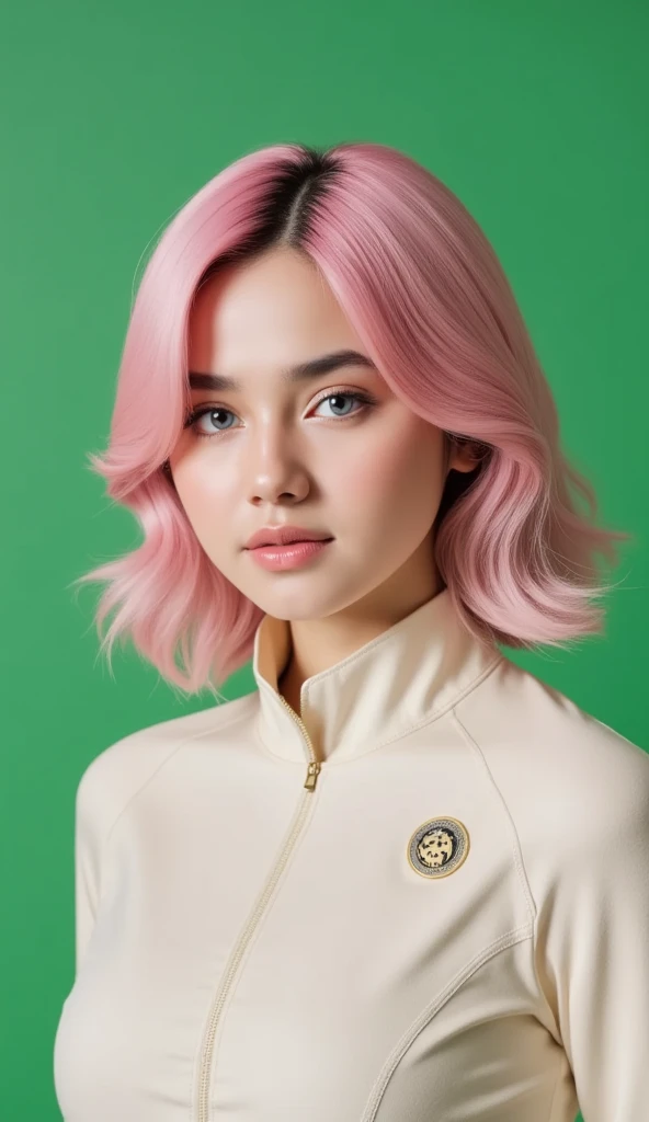 A hyper-realistic vertical portrait of a young, cute Galactic Federation female commander shown from the waist up. She has a kind and approachable aura, with soft, glowing skin and sparkling blue eyes filled with determination. Her medium-length, wavy pastel pink hair looks natural and vibrant. She is dressed in a sleek, futuristic high-collared uniform with subtle star and cosmic insignias that convey authority and charm. The background is a plain green color to highlight her realistic features and vibrant personality.