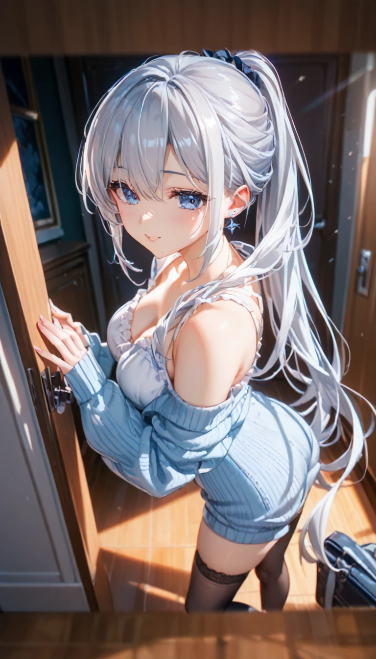  anime girl  with long black hair and blue eyes standing in front of a door, seductive  anime girl ,  Smooth Anime CG Art, beautiful  anime girl , attractive  anime girl ,  Silver Hair ( ponytail), Nightcore,  beautiful charming anime woman ,   anime moe art style  , [   4k Digital Art   ]!!,  BEAUTIFUL ANIME WOMEN , ( anime girl ),  anime girl , cute  anime girl 