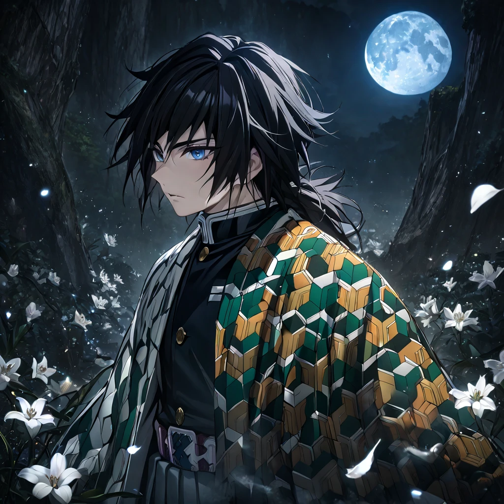 Very high resolution, high resolution, ultra-detailed, HDR, masterpiece, highest quality, Giyu Tomioka, untamed dark hair, expressive blue eyes, Demon Slayer's Blade, Demon Slayer uniform, petals, white lily, moon, fireflies