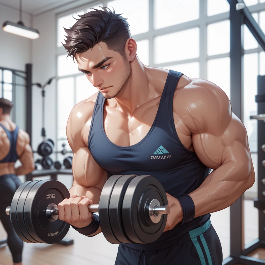 Muscular athlete, bare chest, lower body uncovered from thighs to feet, long flowing curls, meticulous muscle definition, lifelike portrayal, 4K quality. Background: Modern gym with exercise equipment and mirrors,32k uhd, best quality, masterpiece, super detail, high details
