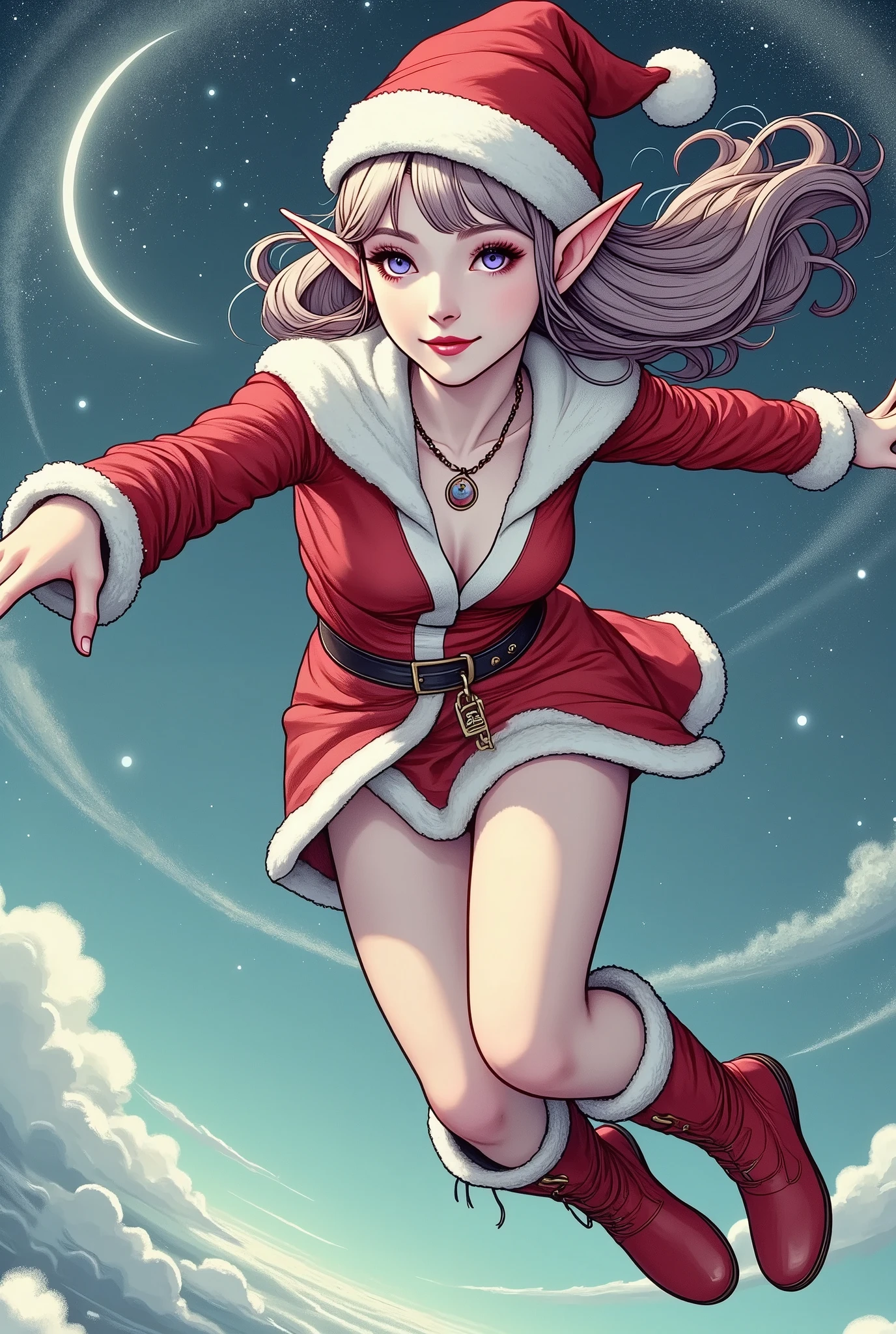 (Ultra-detailed face, Looking away, Fantasy Illustration with Gothic, Ukiyo-e. Dark tone colors.), BREAK
(A young elven Santa Claus woman skydives from a sleigh pulled by reindeer with her body turned up at an angle. Because she is skydiving, her face and body are seen at an angle. Her face is detailed and her body is accurately drawn.), BREAK
(She has honey-colored hair and eyebrows, blunt bangs, waist-length hair, lavender eyes, small pink lips, light skin tone, and dark, thick eyeliner. She smiles.), BREAK
(She wears a red Santa hat with pom-poms and a mini dress with a red Santa Claus design. She wears red Santa boots with fur.), BREAK
(The sky is above the starry clouds with a small pale moon shining.)