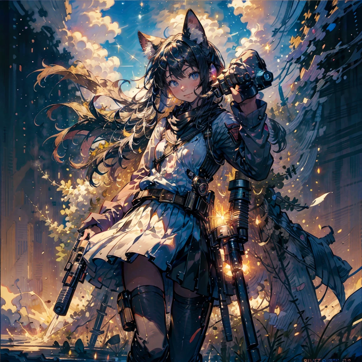 ((masterpiece:1.2)), (( top quality :1.2)), one girl ((Cat ears, gun girl, ( blue eyes, smiling with eyes half closed ), ( with its muzzle pointed at this point:1.5), Gunfighter , Gunman Style , full body :1.3, long silvery hair fluttering in the wind, white skin)), (gun:1.5), Western Style, desert, (Oil painting), (Soft layer, Wide range of colors), (deep, gentle color), Her reflection blends into the nature around her, ( natural light:1.3), sparkling glitter , Multiple Exposure, emitting rainbow-colored light