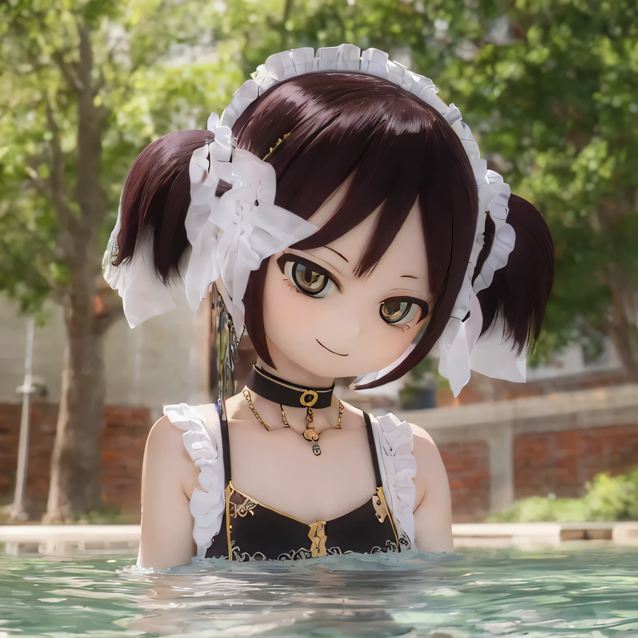 (      top quality  ,4K,       kampala ,    masterpiece  :1.2),       very detailed ,    realistic    ,photo    realistic    ,       blonde twin tail   ,       beautiful lip details   ,       have long eyelashes on the face  {x},       black hair  ,      short hair   ,smile,   cute expression   ,     playful     ,Standing in the pool,       flat chest,    Mid-length hair,Chibi Bikini Chibi、     short twin tails  