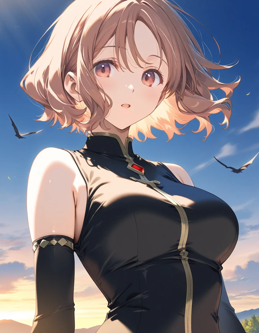 1girl, okumura_haru, brown hair, short hair, medium breasts, beautiful detailed eyes,open mouth, outdoors,wind,fantasy, game CG, break,(artist:mitsumi_misato),artist:fujiyama,artist:kokonoka, break,(masterpiece), (best quality), (ultra-detailed),(Detailed Lighting), very aesthetic, newest, beauty illustration,super detailed skin, (masterpiece), (best quality), (ultra-detailed), very aesthetic lighting,newest ,hi res,absurd_res,shiny skin,2023, shaded,digital media (artwork), realistic lighting, 16k, 8k,highres, source_anime, official_art, photoshop_(medium)