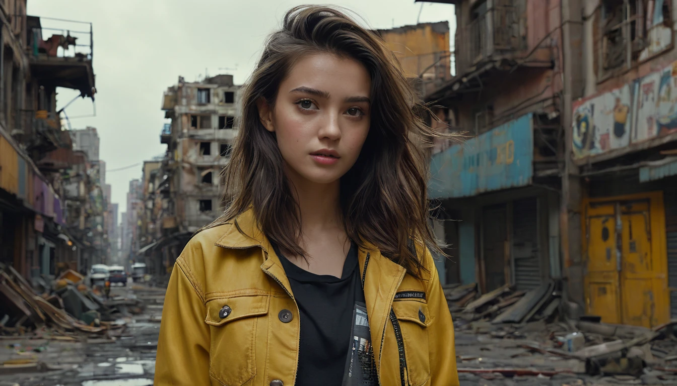 (最 High Quality ,4K,8k, high res,masterpiece:1.2), ULTRA DETAIL,( super real ,  photorealistic, photorealistic:1.37),  RAW photo,   20 years old.o Close-up portrait of a beautiful girl ,  most beautiful, Alone,  realistic ,  shirt,  jacket,  cyberpunk, Brown Hair, yellow  jacket, The background is a ruined city , ( skin that is meticulous :1.2),  8K ultra HD, digital SLR,  soft lighting ,  High Quality ,  film grain,  FUJIFILM XT3 ,   highly detailed background 