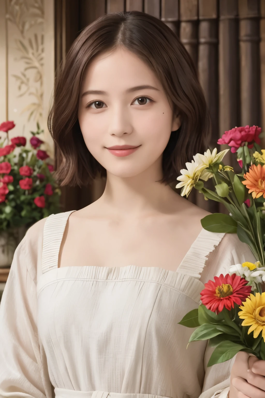 340 (20-year-old female, short hair), ( high image quality), (smile), ( Colorful Dress ), (( Arietti's World )), (Big Plants/Flowers ), (Dollhouse), ( Leonardo da Vinci)