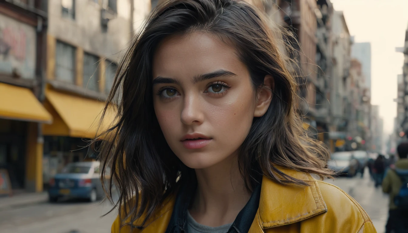 (最 High Quality ,4K,8k, high res,masterpiece:1.2), ULTRA DETAIL,( super real ,  photorealistic, photorealistic:1.37),  RAW photo,   20 years old.o Close-up portrait of a beautiful girl ,  most beautiful, Alone,  realistic ,  shirt,  jacket,  cyberpunk, Brown Hair, yellow  jacket, The background is a ruined city , ( skin that is meticulous :1.2),  8K ultra HD, digital SLR,  soft lighting ,  High Quality ,  film grain,  FUJIFILM XT3 ,   highly detailed background 