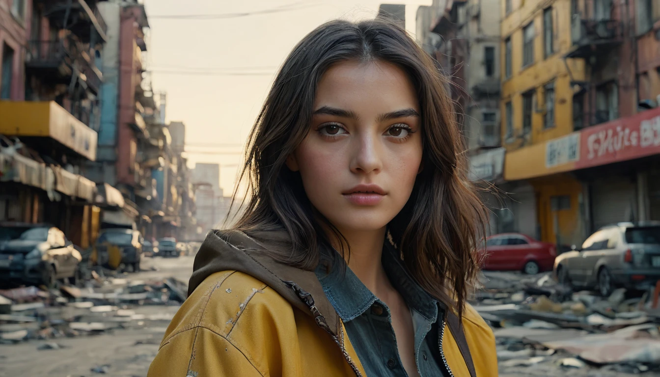 (最 High Quality ,4K,8k, high res,masterpiece:1.2), ULTRA DETAIL,( super real ,  photorealistic, photorealistic:1.37),  RAW photo,   20 years old.o Close-up portrait of a beautiful girl ,  most beautiful, Alone,  realistic ,  shirt,  jacket,  cyberpunk, Brown Hair, yellow  jacket, The background is a ruined city , ( skin that is meticulous :1.2),  8K ultra HD, digital SLR,  soft lighting ,  High Quality ,  film grain,  FUJIFILM XT3 ,   highly detailed background 