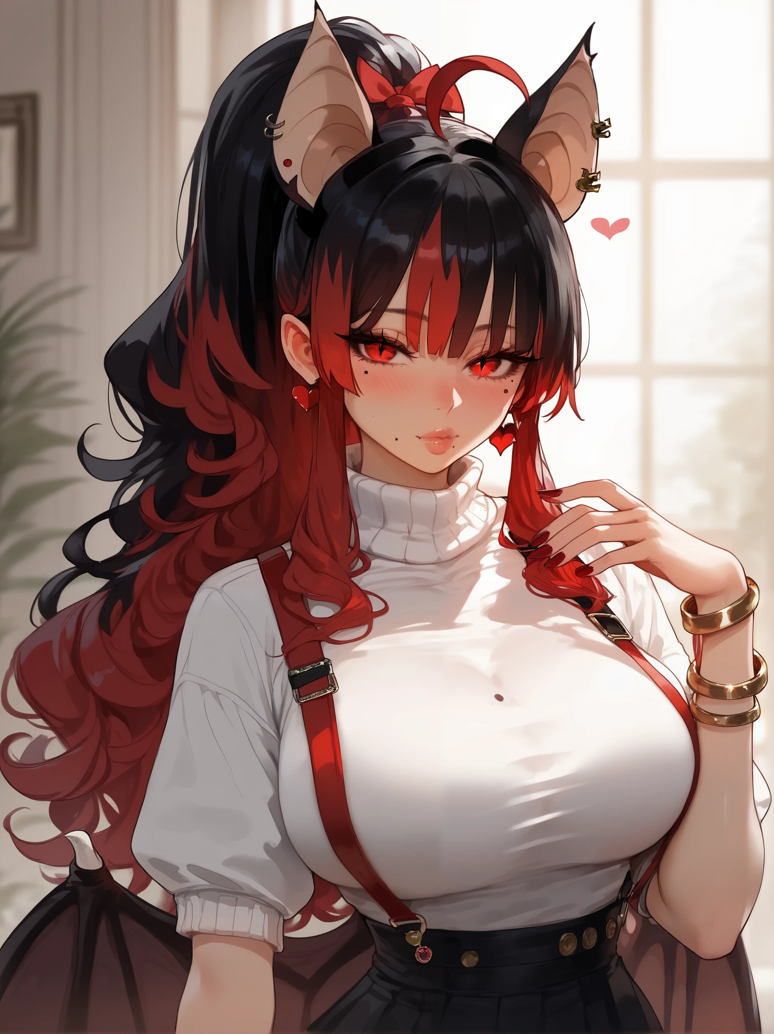 Masterpiece, best quality, upscaled, HD detail, detailed, good quality, score_9, score_8_up, score_7_up, detailed eyes, mole on face, mole on breasts, lips, ((large breasts)), heart earrings ,   ,red eyes, High ponytail, long side hairs, eyes through bangs, hair clips, detailed eyes, hair ribbons, jewelry, eyeliner, dolly eyelashes, ,  ahoge, wavy hair, blush, bracelets , skinny waist, bracelets, nails, black hair undertone, bat ears, bat wings, suspenders, short skirt, sweater top, looking at viewer , ((bat ears on head)), ((half red hair))