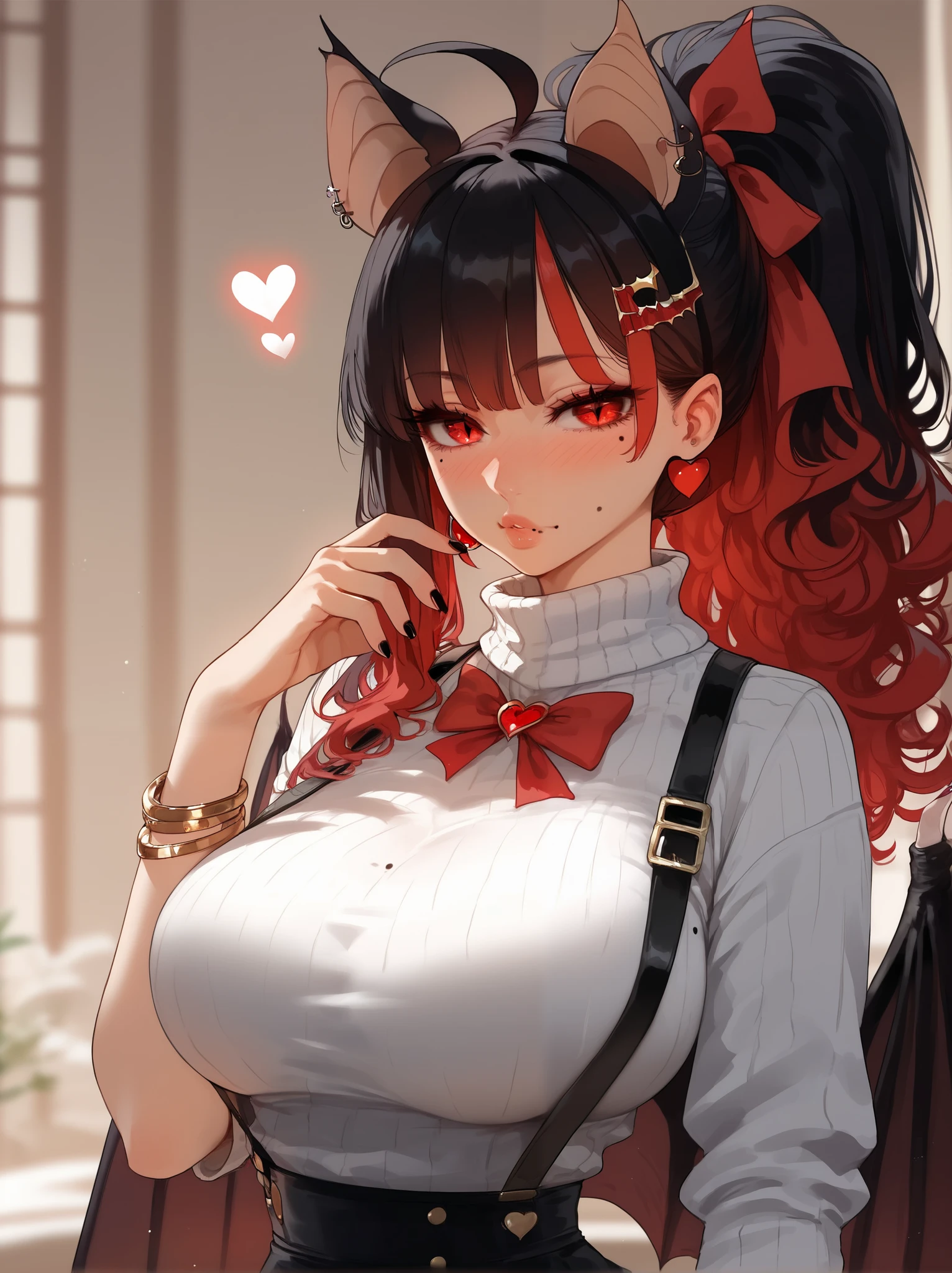 Masterpiece, best quality, upscaled, HD detail, detailed, good quality, score_9, score_8_up, score_7_up, detailed eyes, mole on face, mole on breasts, lips, ((large breasts)), heart earrings ,   ,red eyes, High ponytail, long side hairs, eyes through bangs, hair clips, detailed eyes, hair ribbons, jewelry, eyeliner, dolly eyelashes, ,  ahoge, wavy hair, blush, bracelets , skinny waist, bracelets, nails, black hair undertone, bat ears, bat wings, suspenders, short skirt, sweater top, looking at viewer , ((bat ears on head)), ((half red hair))