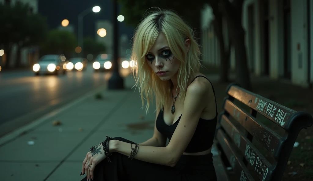 Realistic, photography of a frail, drug-addicted young blonde woman, resembling Emma Stone, with a large interpupillary distance. She has smokey eyes, a disheveled appearance, and wears gothic-style white trash clothing. She sits on the backrest of a park bench on the side of a street in Los Angeles, her feet planted firmly on the seat of the bench. The faint glow of streetlights and passing cars casts a moody atmosphere, while scattered litter and graffiti on the bench add to the gritty urban setting. Her expression is one of deep sadness, her gaze unfocused as she stares into the distance, emphasizing her isolation and despair