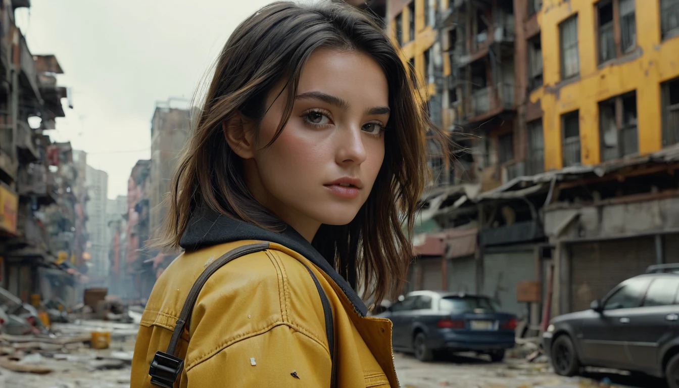 (最 High Quality ,4K,8k, high res,masterpiece:1.2), ULTRA DETAIL,( super real ,  photorealistic, photorealistic:1.37),  RAW photo,   20 years old.o Close-up portrait of a beautiful girl ,  most beautiful, Alone,  realistic ,  shirt,  jacket,  cyberpunk, Brown Hair, yellow  jacket, The background is a ruined city , ( skin that is meticulous :1.2),  8K ultra HD, digital SLR,  soft lighting ,  High Quality ,  film grain,  FUJIFILM XT3 ,   highly detailed background 