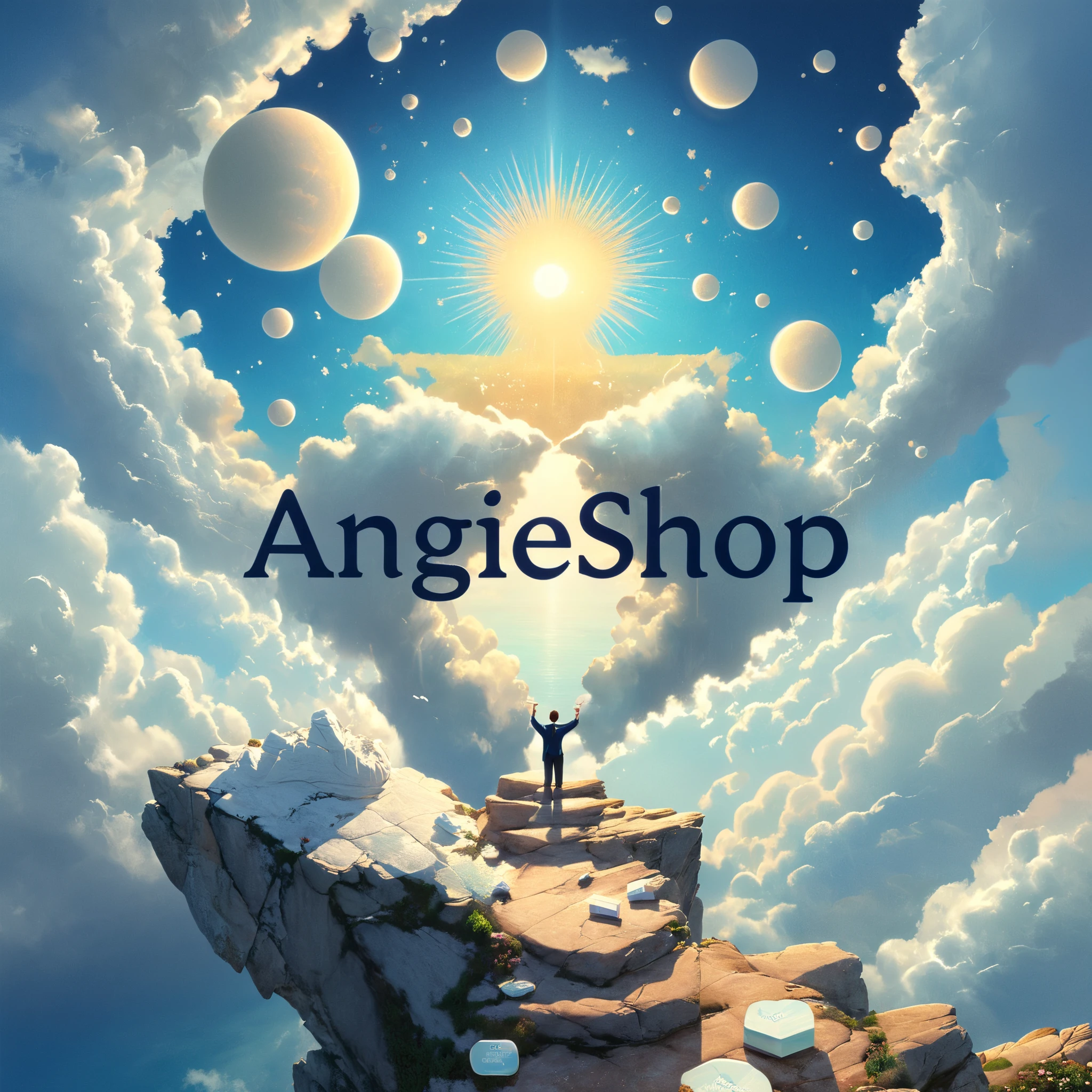 Logo with  text logo "AngieShop", image of a man standing on a cliff with a sky background, angle, annie stegg gerard, a pharmacy sales center that embodies trust, purity, and quality. The logo should convey a sense of calmness, optimism, and honesty, highlighting the center's focus on antidepressants. Utilize a soothing color scheme with a dominant light tone to evoke feelings of serenity and hope. Ensure the design is visually appealing, professional, and effective in communicating the brand's values and mission. #realism, realism, 
#photorealisic, photorealisic