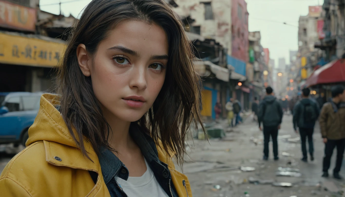 (最 High Quality ,4K,8k, high res,masterpiece:1.2), ULTRA DETAIL,( super real ,  photorealistic, photorealistic:1.37),  RAW photo,   20 years old.o Close-up portrait of a beautiful girl ,  most beautiful, Alone,  realistic ,  shirt,  jacket,  cyberpunk, Brown Hair, yellow  jacket, The background is a ruined city , ( skin that is meticulous :1.2),  8K ultra HD, digital SLR,  soft lighting ,  High Quality ,  film grain,  FUJIFILM XT3 ,   highly detailed background 