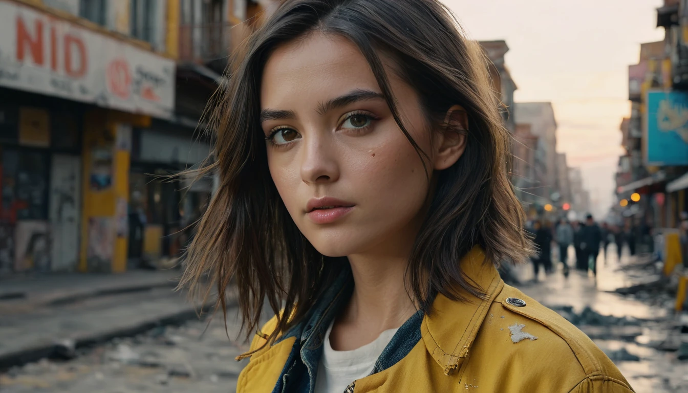 (最 High Quality ,4K,8k, high res,masterpiece:1.2), ULTRA DETAIL,( super real ,  photorealistic, photorealistic:1.37),  RAW photo,   20 years old.o Close-up portrait of a beautiful girl ,  most beautiful, Alone,  realistic ,  shirt,  jacket,  cyberpunk, Brown Hair, yellow  jacket, The background is a ruined city , ( skin that is meticulous :1.2),  8K ultra HD, digital SLR,  soft lighting ,  High Quality ,  film grain,  FUJIFILM XT3 ,   highly detailed background 