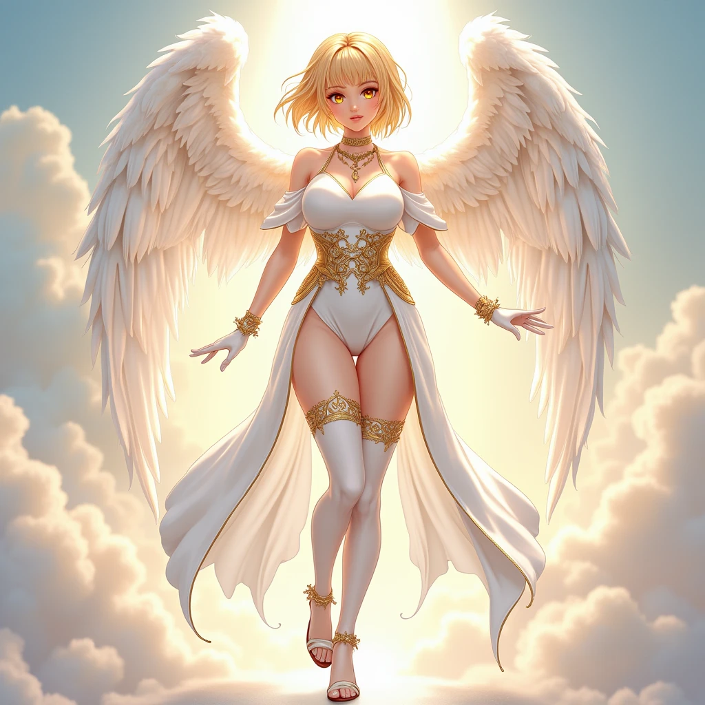 Garota de anime com asas de angel e um halo em sua cabeça, angelic wings on her back, angel largo, angel majestoso de corpo inteiro, super angel largo, top rated on PIXIV, by Shitao, angel, commission for high resolution, possivelmente um angel, angel baixo, epic angle and pose, oc commission, fullbody commission for, PIXIV