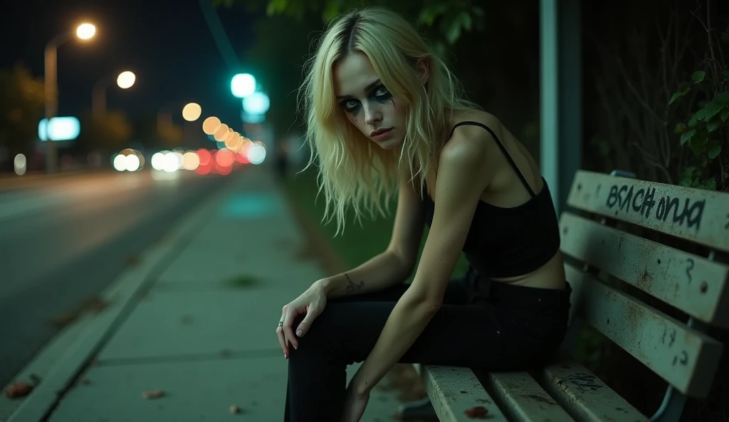 Realistic, photography of a frail, drug-addicted young blonde woman, resembling Emma Stone, with a large interpupillary distance. She has smokey eyes, a disheveled appearance, and wears gothic-style white trash clothing. She sits sadly on a park bench along the side of a street in Los Angeles. Her fragile frame is perched on the top of the bench’s backrest, her feet resting on the seat below. Neon lights and distant traffic illuminate the scene faintly, while scattered litter and graffiti on the bench add to the somber atmosphere. Her hollow expression and detached gaze emphasize her despair and isolation