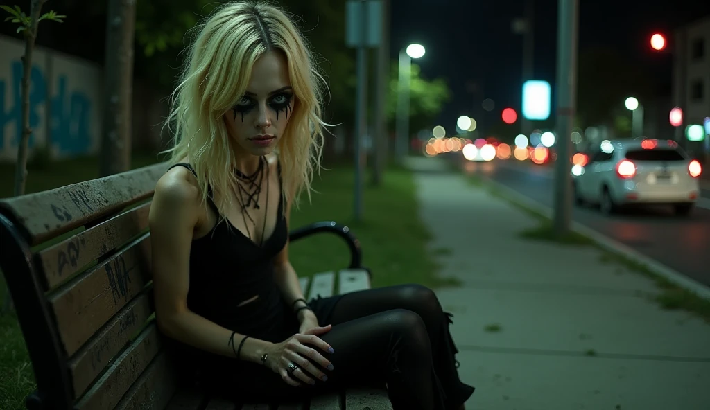 Realistic, photography of a frail, drug-addicted young blonde woman, resembling Emma Stone, with a large interpupillary distance. She has smokey eyes, a disheveled appearance, and wears gothic-style white trash clothing. She sits sadly on a park bench along the side of a street in Los Angeles. Her fragile frame is perched on the top of the bench’s backrest, her feet resting on the seat below. Neon lights and distant traffic illuminate the scene faintly, while scattered litter and graffiti on the bench add to the somber atmosphere. Her hollow expression and detached gaze emphasize her despair and isolation