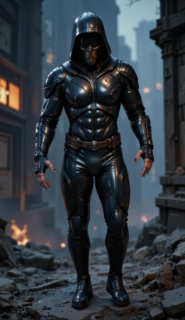 A full-body image of a muscular adult male.black leather full-body image 、face mask and mask hood, .a hooded person in invisible armor . wears leather armor, Tights.epic ninja suit, rogue.Leather fit to cover the whole body. smooth leather .Boy Teenage Assassin , stealth suit , Another World assassin , stand on the roof of a castle. . black night . Dark atmosphere .Low light.Weak lights cast dramatic shadows. Weird Another World atmosphere . Another World city. .whole body image.Handheld composite mechanical giant bow.full body photo.FANTASY.collar.Big crotch bag.tactical equipment
