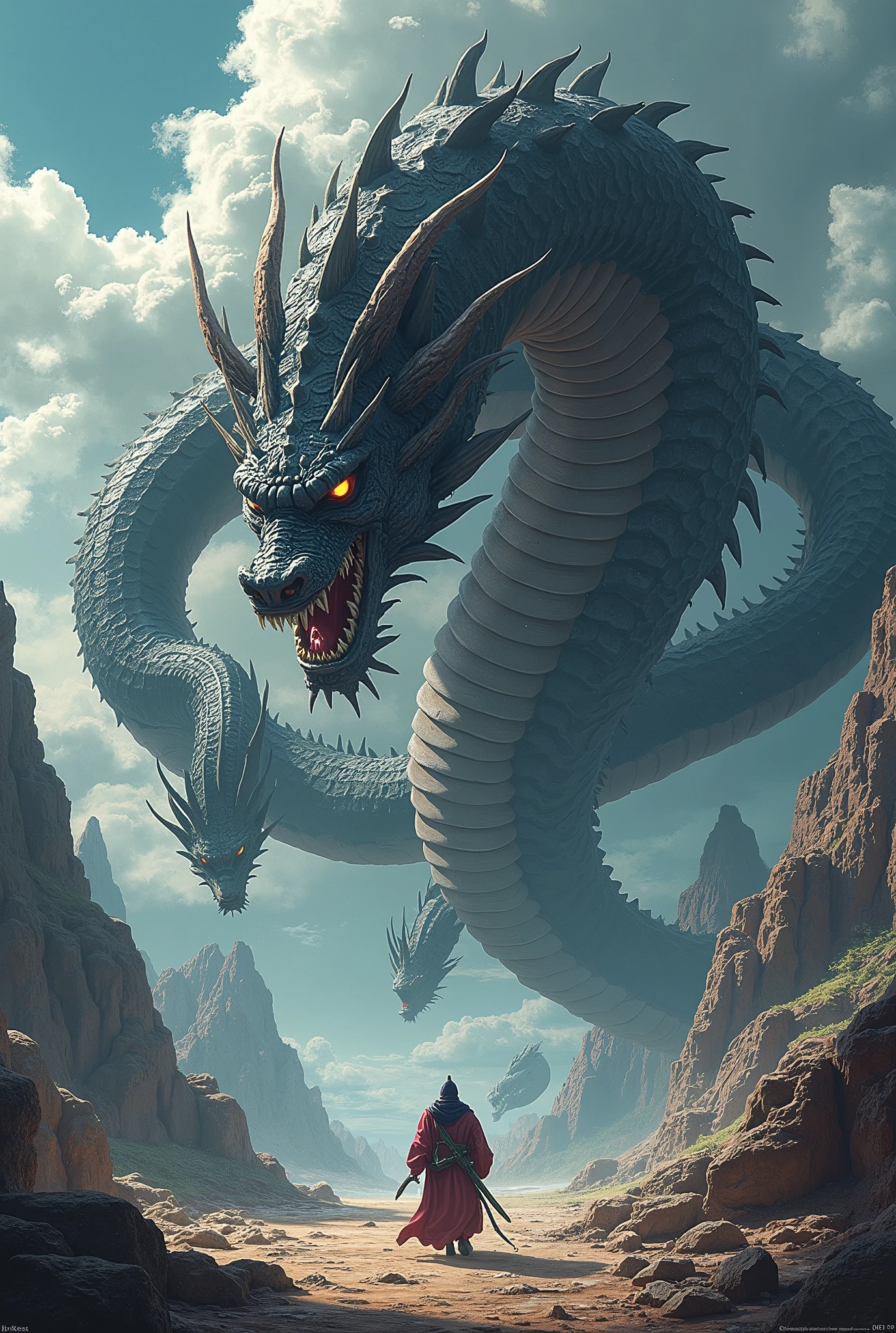  the rampage god Susanuki in Japanese mythology (Susanoo no Mikoto)Legend,  a giant snake ( has 1 torso and 8 heads)Kill " Kusanagi no Sword”, Beautiful straight sword ,  high image quality, masterpiece,  anime style, 