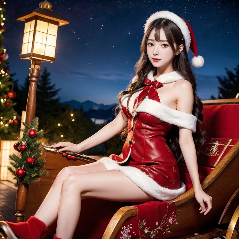 highest quality，masterpiece，Ultra-high resolution, Very detailed, 8k,Femele Japanese 20-22Years-old girl,She is riding the sleigh used for Christmas..,Christmas costume,
