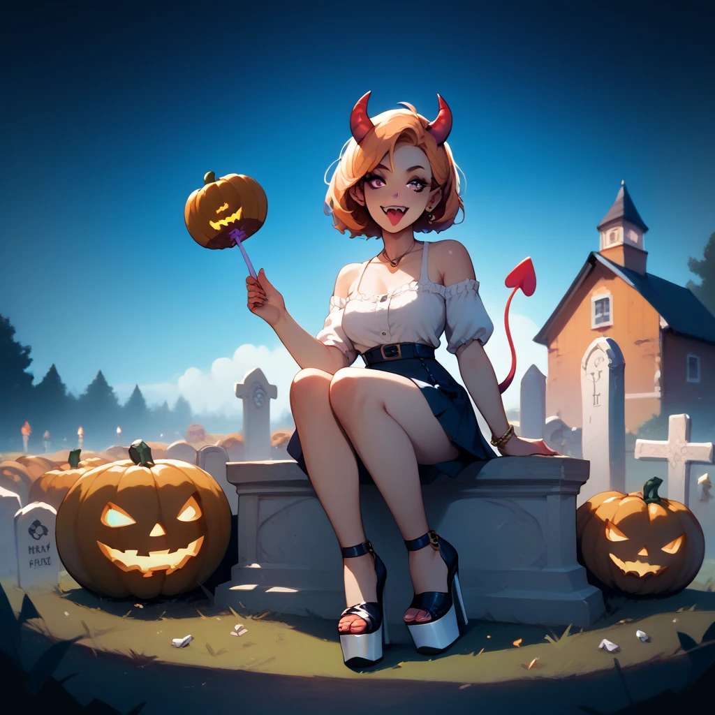 girl in short skirt, neckline, platform heels and devil's tail asking for candy at midnight in a cemetery,  sitting on a pumpkin