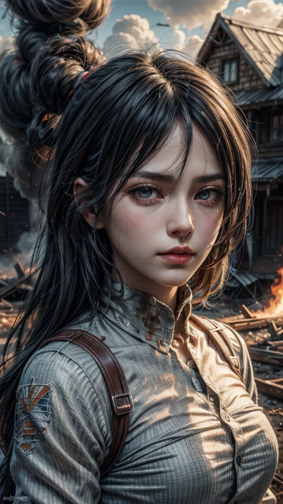 masterpiece,best quality, illustration,{beautiful detailed girl},beautiful detailed glow,(flames of war:1.2),(nuclear explosion behide:1.3),rain,detailed lighting,detailed water,(beautiful detailed eyes:1.1),expressionless,palace,azure hair,disheveled hair,long bangs,hairs between eyes,(whitegrey dress:1.1),black ribbon,white bowties,midriff,big forhead,blank stare,flower,long sleeves