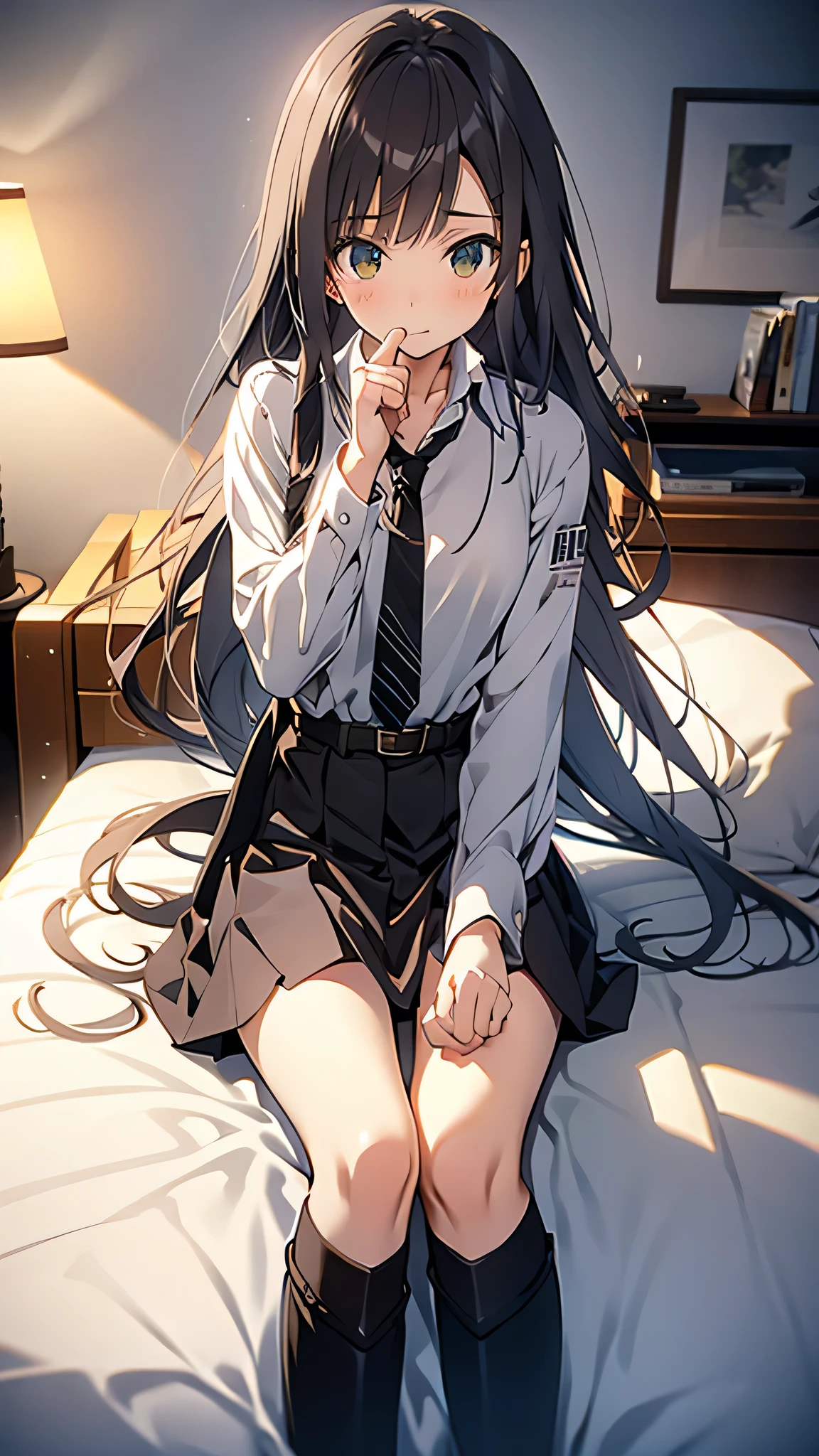 Brown Hair、 staring at viewers black suspenders at the side of the belt wall: black miniskirt garter sight Small face Bans beautiful women raises her hand Legs Lying on Bed sight black boot panty shot Taunt flank Flank sweat I arm