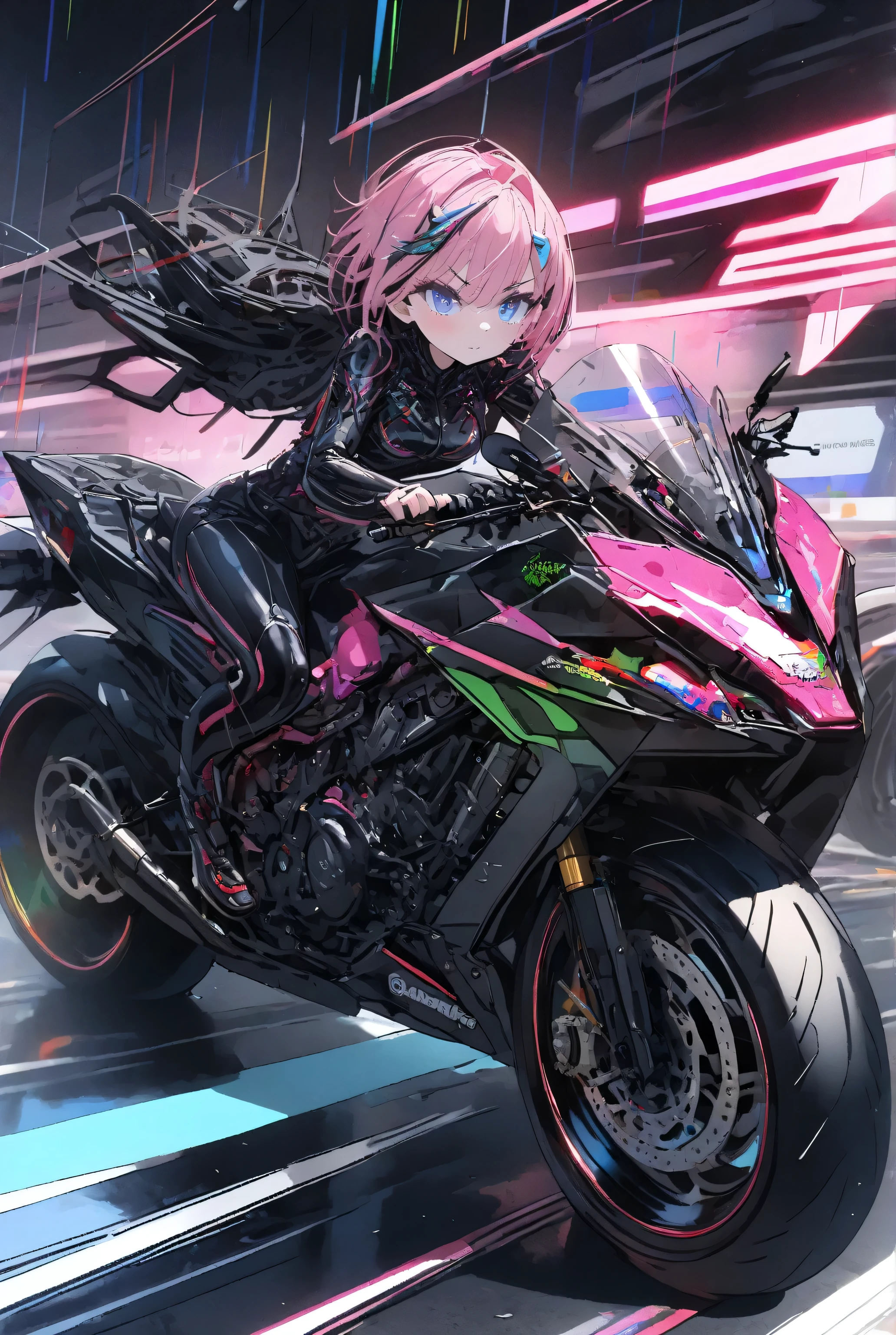 (best quality),8k,(incredibly absurdres),(extremely detailed),
((cool motorcycle,motorcycle is metal black with colorful lines)),(((girl is riding to motorcycle))),(she is pink short hair,blue eyes),
background is lab room,