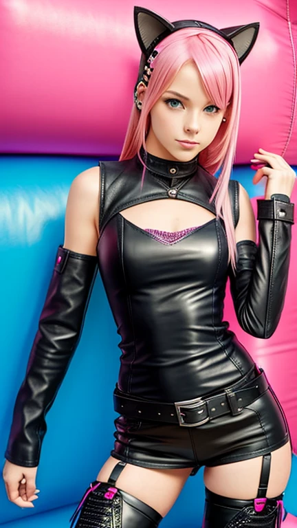  teen with pink hair, Slim model,  leather top , Faltenrock leder,  leather arm warmer blue ,  knee-high leather boots, Cat ears, bouncy castle  
